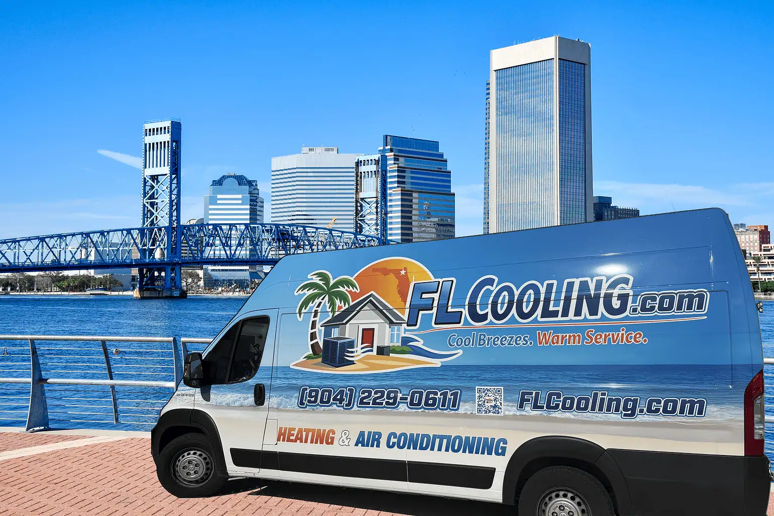 FL Cooling service van in front of the downtown Jacksonville skyline on the St. Johns River